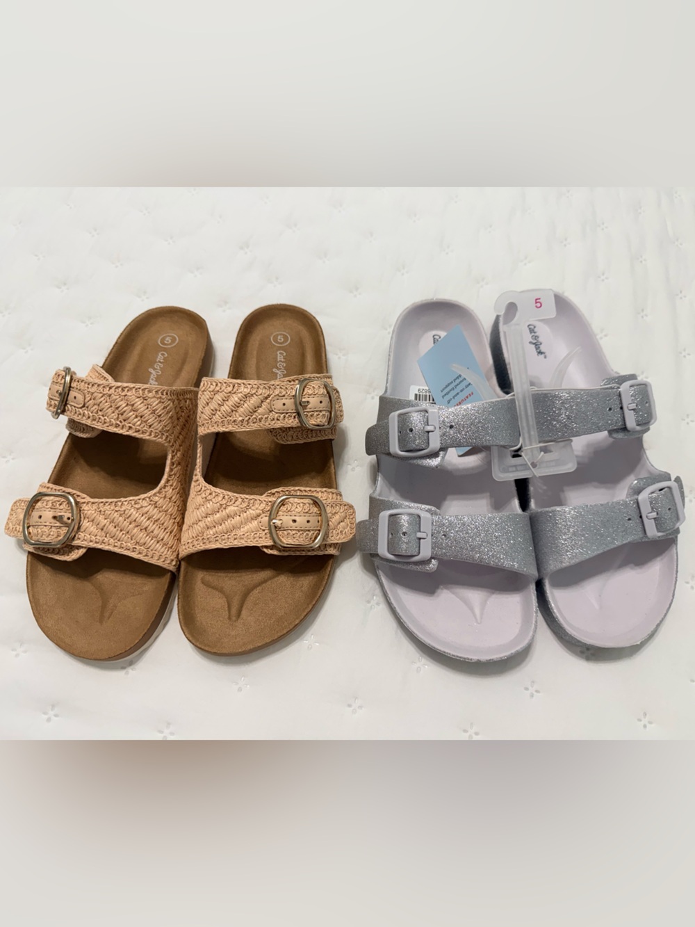 NWT- Kids Double-Buckle Sandals - Silver Glitter and Tan (2 pair)